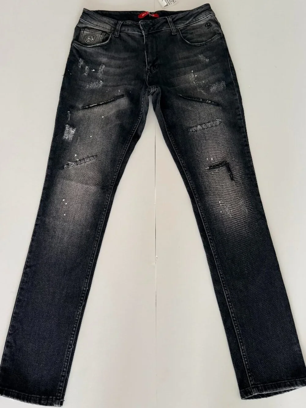 NWT Mens RNT 23 Black Distressed Paint Splatter Slim Jeans Sz 28 Goth Grunge Emo